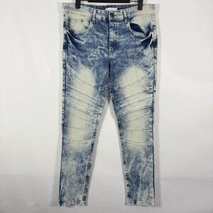 GS-115 Slim Tapered Jeans Mens Size 32x30 Blue White Acid Wash Stretch Hip Hop